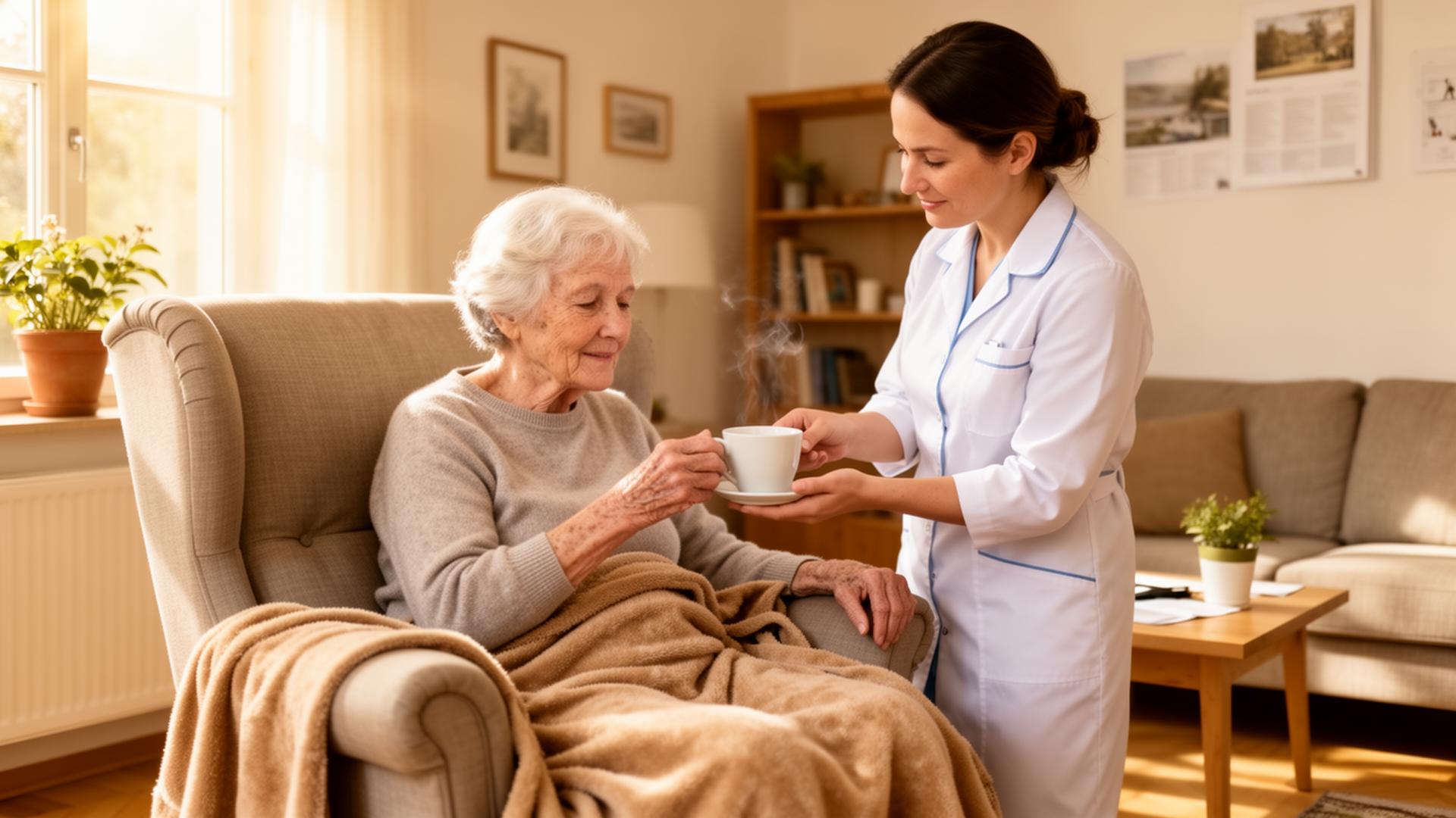 Kurzzeitpflege zu Hause – Betreuungskraft unterstützt Seniorin bei der Genesung