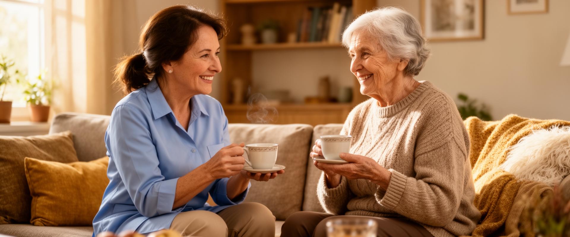 Private Pflegekraft betreut Seniorin liebevoll zu Hause